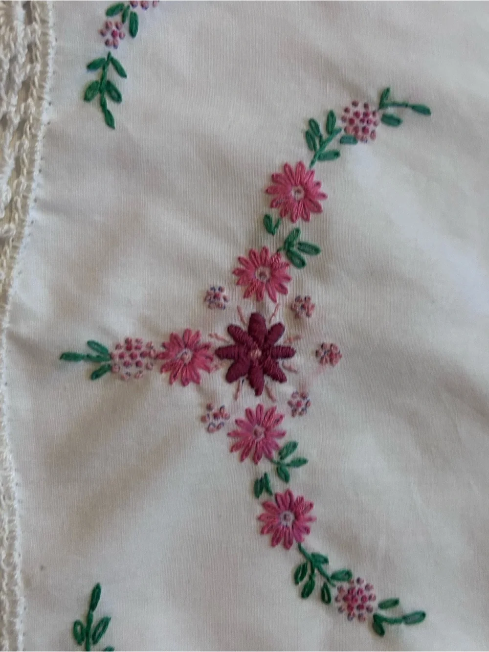 Vintage White Pillowcase with Pink, Purple and Green Floral Embroidery pair
